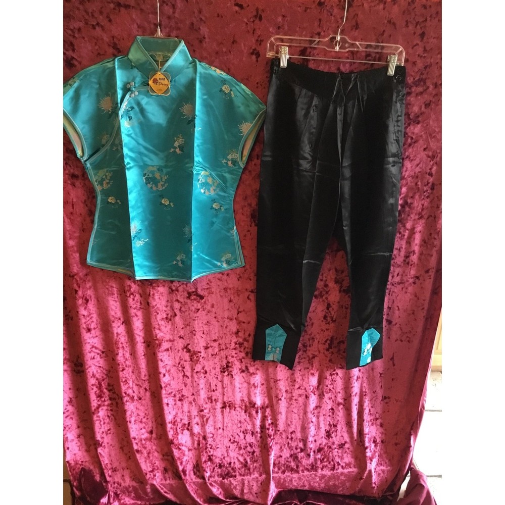 Vintage turquoise cheongsam Peony china ntl textile Shanghai silk branch 36 set